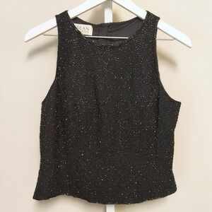 Sean Collection Black Beaded Silk Sleeveless Top Round Neck Evening Blouse L